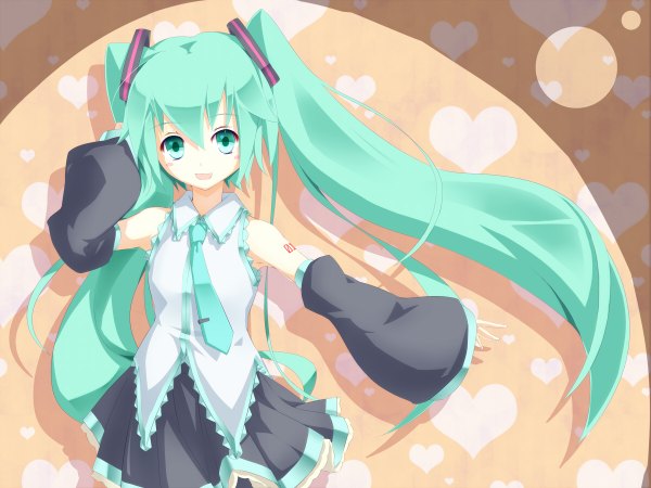 Anime picture 1200x900 with vocaloid hatsune miku asutora single long hair open mouth smile twintails bare shoulders pleated skirt aqua eyes aqua hair wide sleeves sleeves past wrists flat chest girl skirt detached sleeves necktie heart