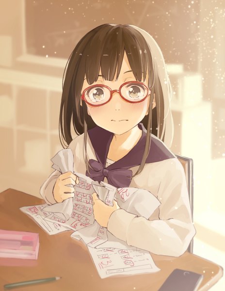 Anime picture 1152x1489 with original minamito single long hair tall image looking at viewer blush brown hair sitting holding brown eyes indoors long sleeves embarrassed tears eyebrows classroom girl uniform bow