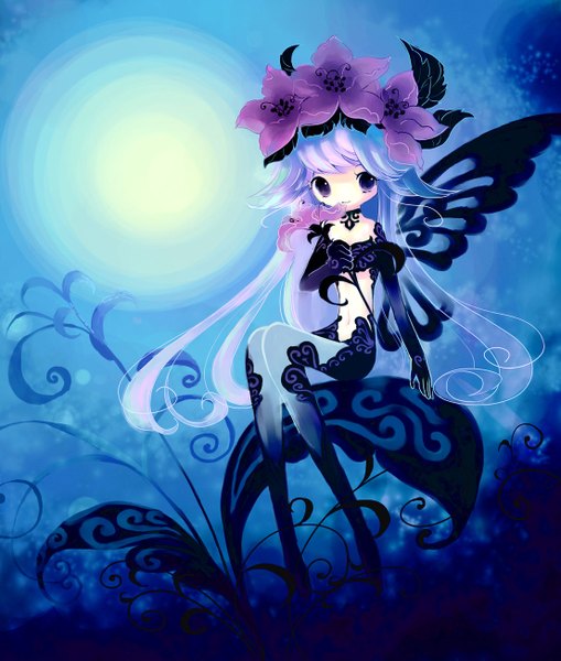 Anime picture 1105x1301 with original sei mutsuki long hair tall image sitting purple eyes holding purple hair hair flower night sky blue background insect wings butterfly wings fairy girl hair ornament flower (flowers) plant (plants) wings moon