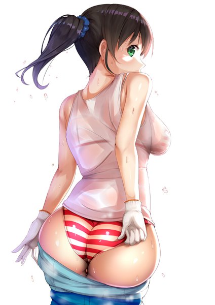 Anime picture 636x900 with idolmaster idolmaster cinderella girls harada miyo fay (fay axl) single long hair tall image looking at viewer blush fringe light erotic black hair simple background standing white background green eyes ass ponytail looking back from behind
