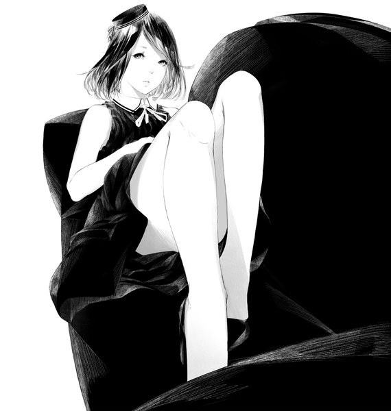 Anime picture 1000x1053 with original sousou (sousouworks) single tall image looking at viewer fringe short hair black hair full body lying bare legs on back monochrome girl dress hat shoes black dress couch
