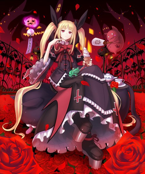 Anime picture 1000x1200 with blazblue rachel alucard shirosa single long hair tall image blonde hair red eyes twintails loli flying demon gothic girl flower (flowers) animal petals food boots sweets