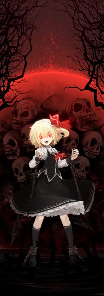 Anime picture 1234x3500 with touhou rumia cloudy.r single tall image looking at viewer short hair blonde hair red eyes fingernails teeth fang (fangs) dark background long fingernails bare tree girl dress skirt ribbon (ribbons) plant (plants)