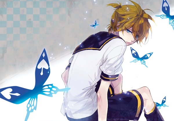 Anime picture 1354x944 with vocaloid kagamine len y.tea (pixiv) single short hair blue eyes blonde hair looking back tears sad checkered background boy shorts insect butterfly sailor suit