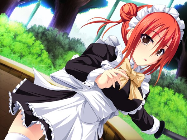 Anime picture 1600x1200 with duelist x engage makino monaka (duelist x engage) short hair brown eyes game cg red hair maid girl