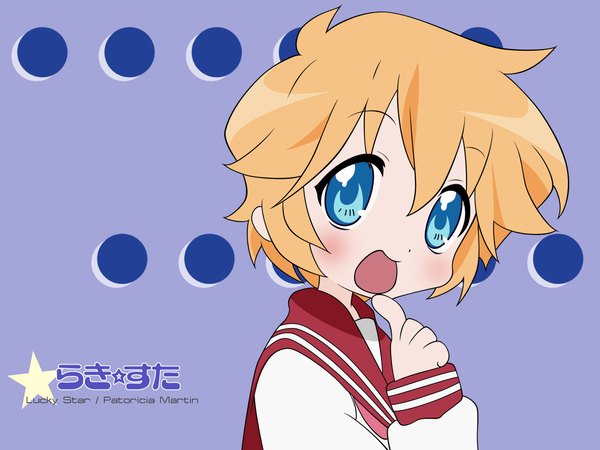 Anime picture 1600x1200 with lucky star kyoto animation patricia martin single looking at viewer blush short hair open mouth blue eyes blonde hair smile upper body copyright name character names finger to mouth vector girl uniform school uniform