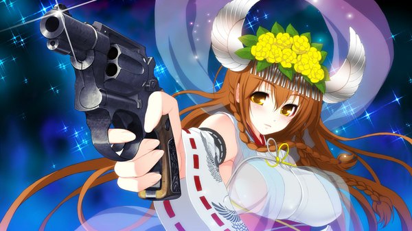 Anime picture 2048x1152 with axanael (game) long hair highres light erotic brown hair wide image yellow eyes game cg girl weapon