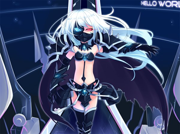 Anime picture 1000x745 with elsword eve (elsword) dexp single long hair red eyes white hair midriff heterochromia text glowing glowing eye (eyes) girl gloves weapon elbow gloves armor cape mask collar