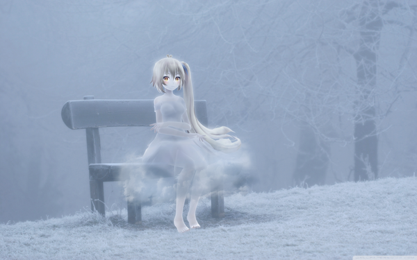 Anime picture 2560x1600 with vocaloid akita neru ristarr single long hair blush highres wide image sitting brown eyes white hair ponytail barefoot side ponytail winter girl bench