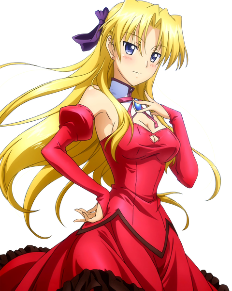Anime picture 1708x2136 with campione! erica blandelli single long hair tall image looking at viewer blush highres breasts blue eyes blonde hair standing cleavage official art armpit (armpits) embarrassed hand on chest transparent background cleavage cutout frilly skirt