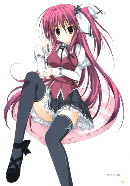 Anime picture 2437x3480 with tsuki tsuki! korie riko single long hair tall image looking at viewer blush highres simple background white background brown eyes pink hair scan legs girl thighhighs dress uniform bow black thighhighs