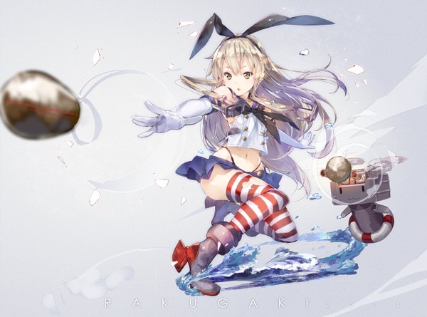 Anime picture 1346x1000 with kantai collection shimakaze destroyer rensouhou-chan yuugen single long hair looking at viewer blonde hair brown eyes grey background girl thighhighs skirt gloves navel bow hair bow miniskirt elbow gloves white gloves
