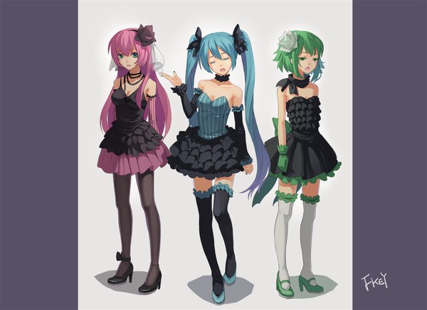 Anime picture 1500x1090 with vocaloid hatsune miku megurine luka gumi fkey long hair fringe short hair breasts open mouth standing twintails bare shoulders multiple girls green eyes signed pink hair cleavage full body nail polish