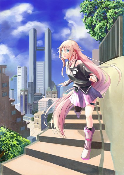 Anime picture 744x1052 with vocaloid ia (vocaloid) murakamimonako single tall image looking at viewer open mouth blue eyes smile bare shoulders pink hair sky cloud (clouds) braid (braids) very long hair city cityscape girl skirt plant (plants)