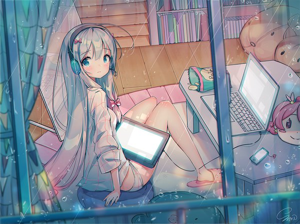 Anime picture 1067x800 with eromanga sensei a-1 pictures izumi sagiri snow is single long hair blush fringe blue eyes light erotic hair between eyes sitting holding silver hair full body ahoge indoors looking back arm support gradient hair