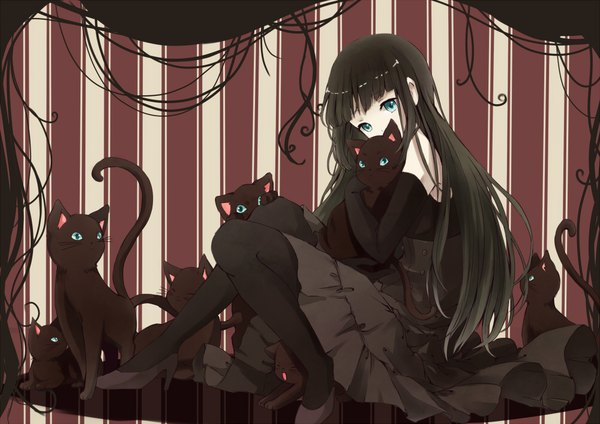 Anime picture 1000x708 with original toku single long hair looking at viewer fringe black hair sitting bare shoulders full body bent knee (knees) head tilt aqua eyes striped background girl dress gloves animal pantyhose black gloves