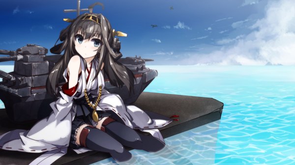 Anime picture 1984x1116 with kantai collection kongou battleship vane (vane0) single long hair looking at viewer blush highres blue eyes black hair wide image bare shoulders sky cloud (clouds) traditional clothes japanese clothes nontraditional miko girl thighhighs hair ornament