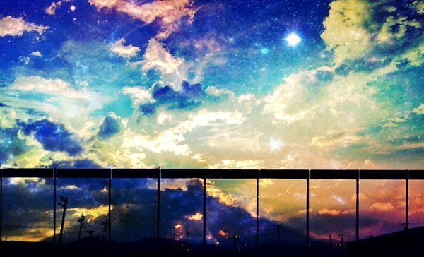 Anime picture 1224x744 with original usamochi. wide image sky cloud (clouds) sunlight evening sunset no people landscape multicolored star (stars) pole
