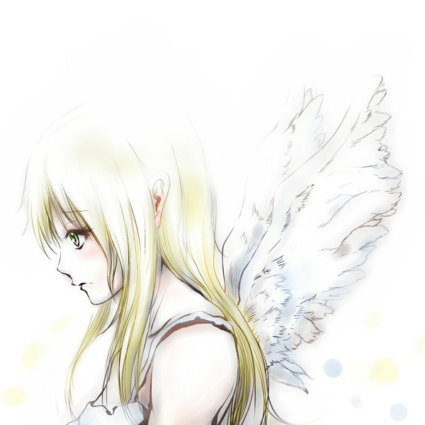 Anime picture 1024x1024 with dogs: bullets & carnage david production nill dokyuu afro (artist) single long hair blonde hair white background bare shoulders green eyes profile angel wings girl wings sundress