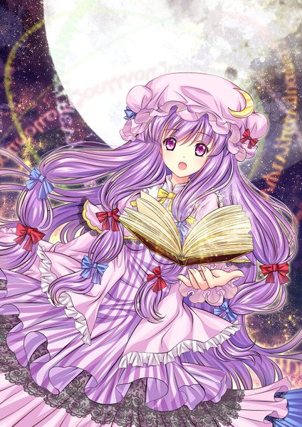 Anime picture 1000x1414 with touhou patchouli knowledge riyun single long hair tall image open mouth purple eyes purple hair girl dress bow hair bow book (books) moon bonnet