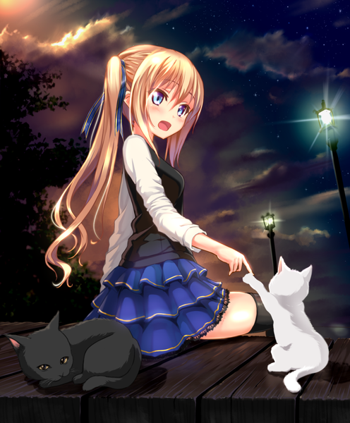 Anime picture 877x1061 with original yuuki yuu single long hair tall image blush fringe open mouth blue eyes blonde hair sitting sky cloud (clouds) outdoors ponytail lying from behind night night sky outstretched arm