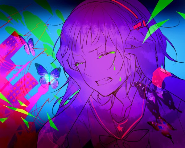 Anime picture 1280x1024 with vocaloid gumi tayuya1130 single fringe short hair open mouth eyes closed tears crying girl shirt headphones insect butterfly