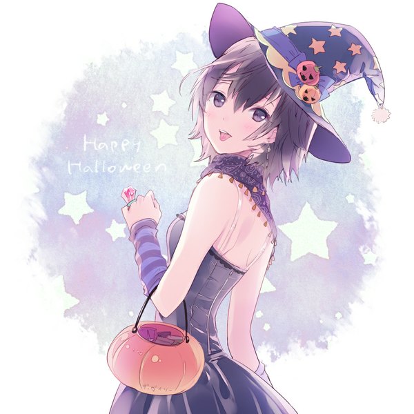 Anime picture 1000x1000 with original horiizumi inko single looking at viewer blush short hair open mouth black hair bare shoulders black eyes inscription halloween star print happy halloween girl dress hat detached sleeves tongue black dress