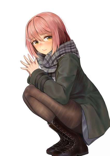 Anime picture 2893x4092 with original ur-8 single tall image looking at viewer blush fringe highres short hair simple background hair between eyes white background brown eyes pink hair full body long sleeves pleated skirt squat lacing bob cut