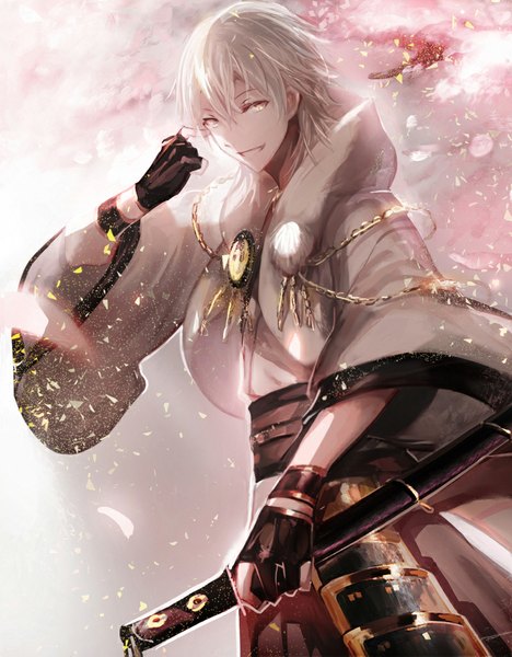 Anime picture 800x1026 with touken ranbu nitroplus tsurumaru kuninaga juexing (moemoe3345) single tall image looking at viewer fringe short hair smile holding yellow eyes traditional clothes japanese clothes wide sleeves cherry blossoms happy sheathed boy gloves