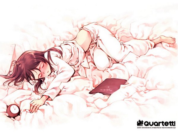 Anime picture 1199x900 with quartett! littlewitch tagme (character) oyari ashito single long hair blush brown hair full body lying eyes closed copyright name on side sleeping girl book (books) pajamas