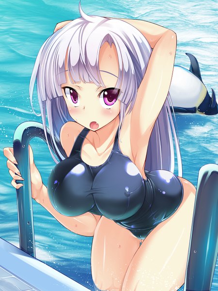 Anime picture 1200x1600 with original torisan single long hair tall image blush breasts open mouth light erotic large breasts purple eyes white hair teeth fang (fangs) girl swimsuit