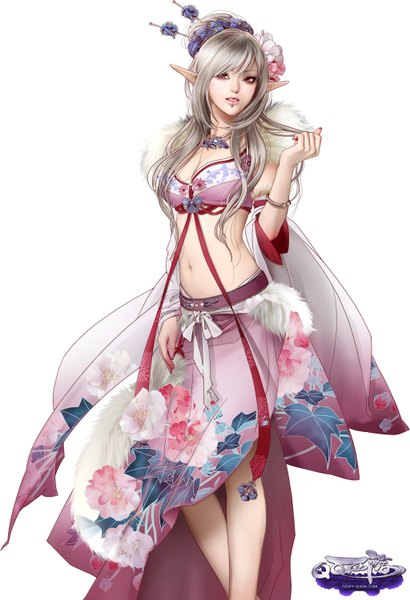 Anime picture 1024x1500 with zhang xiao bai single long hair tall image blonde hair simple background red eyes white background hair flower pointy ears midriff girl navel hair ornament