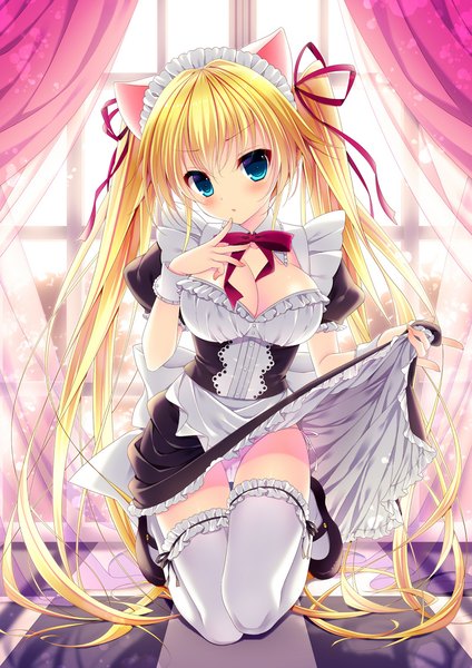 Anime picture 800x1131 with original minatsuki alumi single long hair tall image looking at viewer blush breasts blue eyes light erotic blonde hair twintails animal ears cat ears maid cat girl pantyshot finger to mouth girl thighhighs