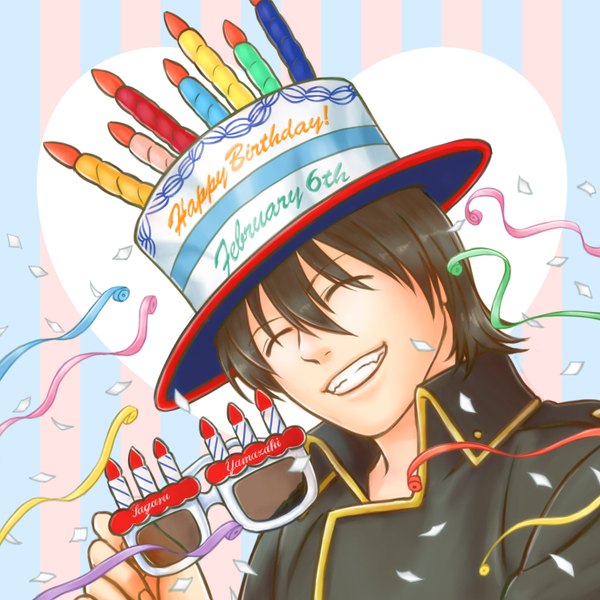 Anime picture 1500x1500 with gintama sunrise (studio) yamazaki sagaru ark (pixiv) single short hair black hair smile eyes closed inscription happy striped happy birthday striped background boy hat glasses candle (candles) confetti