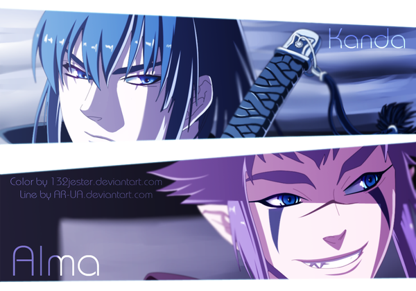 Anime picture 1000x700 with d.gray-man kanda yuu alma karma 132jester short hair blue eyes smile blue hair purple hair inscription grin coloring close-up face multiview boy