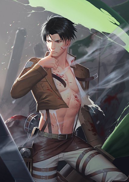 Anime picture 708x1000 with shingeki no kyojin production i.g levi (rivaille) penguin frontier single tall image short hair black hair standing looking away open clothes open jacket grey eyes torn clothes smoke serious shirtless torn boy navel