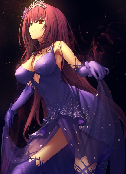 Anime picture 1456x2000 with fate (series) fate/grand order scathach (fate) (all) scathach (formal dress) (fate) kawanakajima single long hair tall image looking at viewer fringe breasts light erotic smile hair between eyes red eyes large breasts red hair from below armpit (armpits) leaning