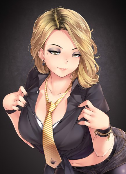 Anime picture 2199x3035 with original stayblack jennifer jarret kopianget single long hair tall image looking at viewer highres light erotic simple background blonde hair smile brown eyes nail polish bare belly leaning open shirt leaning forward black background