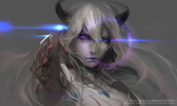 Anime picture 2411x1447 with shingeki no bahamut shingeki no bahamut: genesis dreamworm single long hair looking at viewer fringe highres simple background wide image purple eyes white hair horn (horns) lips grey background outstretched arm close-up girl claws
