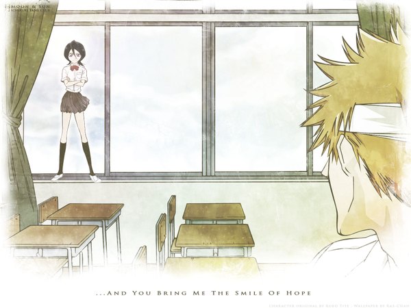 Anime picture 1600x1200 with bleach studio pierrot kurosaki ichigo kuchiki rukia classroom