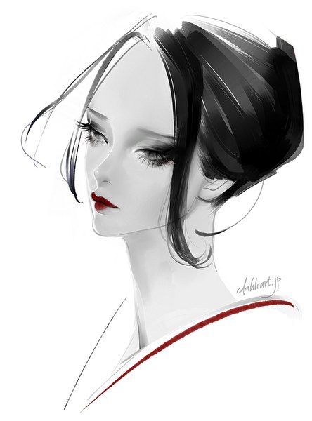 Anime picture 600x810 with original takenaka single tall image short hair black hair simple background white background signed looking away lips black eyes lipstick portrait red lipstick girl