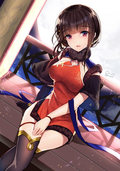Anime picture 800x1131 with warship girls r yat sen (warship girls r) bison cangshu single tall image looking at viewer fringe short hair breasts black hair red eyes large breasts sitting signed cloud (clouds) outdoors blunt bangs traditional clothes parted lips head tilt