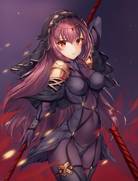 Anime picture 1900x2500 with fate (series) fate/grand order scathach (fate) (all) scathach (fate) zerocat single long hair tall image blush fringe highres breasts light erotic red eyes standing holding red hair parted lips covered navel covered nipples