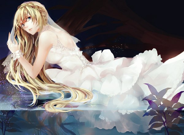 Anime picture 800x587 with original sha (pixiv 652445) single long hair looking at viewer breasts blue eyes blonde hair sitting bare shoulders braid (braids) looking back lips eyebrows girl dress plant (plants) water white dress star (stars)