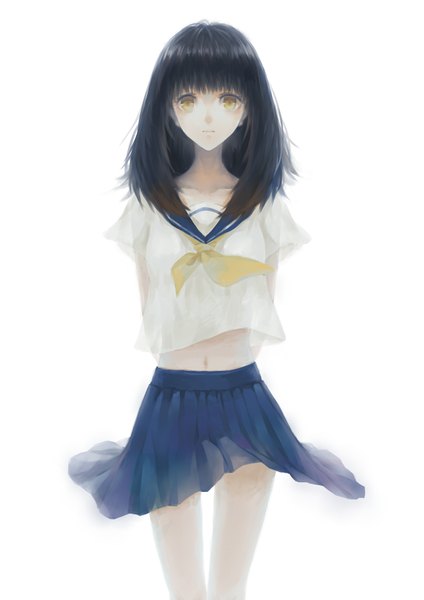 Anime picture 1240x1753 with original cea single long hair tall image looking at viewer fringe black hair simple background white background yellow eyes pleated skirt wind bare belly hands behind back girl skirt navel uniform school uniform