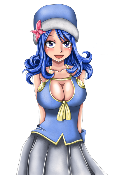 Anime picture 1519x2142 with fairy tail juvia lockser graypapaya single long hair tall image looking at viewer blush breasts open mouth blue eyes light erotic smile blue hair coloring hands behind back transparent background girl dress insect