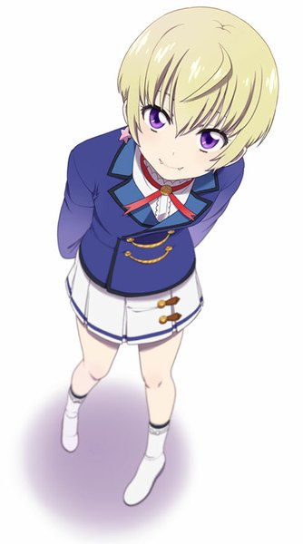 Anime picture 490x880 with aikatsu! hattori yuu mattaku mousuke single tall image looking at viewer fringe short hair simple background blonde hair smile white background purple eyes ahoge from above fang (fangs) hands behind back girl uniform school uniform