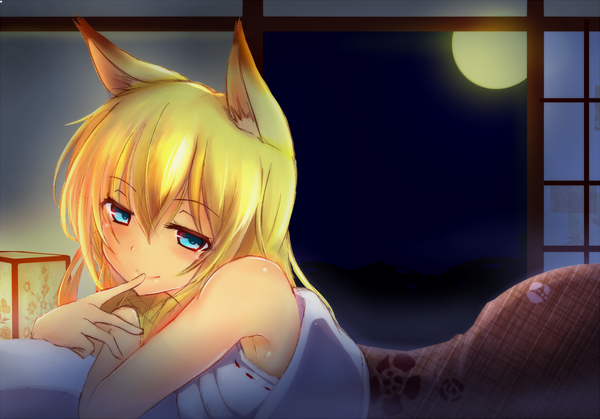 Anime picture 1200x838 with original fujikusa single long hair looking at viewer blush fringe blue eyes light erotic blonde hair smile hair between eyes bare shoulders animal ears indoors lying traditional clothes head tilt japanese clothes night
