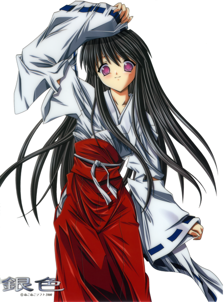 Anime picture 2550x3438 with gin'iro sagiri (gin'iro) single long hair tall image looking at viewer highres black hair purple eyes traditional clothes japanese clothes miko girl hakama