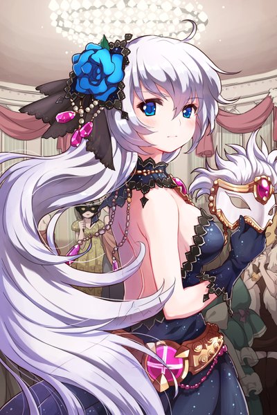 Anime picture 1000x1500 with sword girls wooni single long hair tall image looking at viewer blue eyes bare shoulders white hair girl dress gloves hair ornament jewelry mask